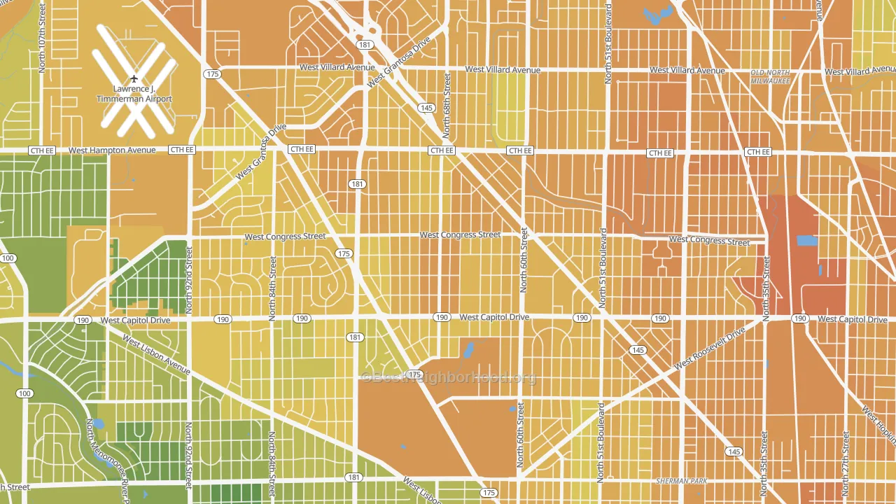 Map of the best neighborhoods in the Capitol Heights, Milwaukee area, with better matches in green and worse matches in red