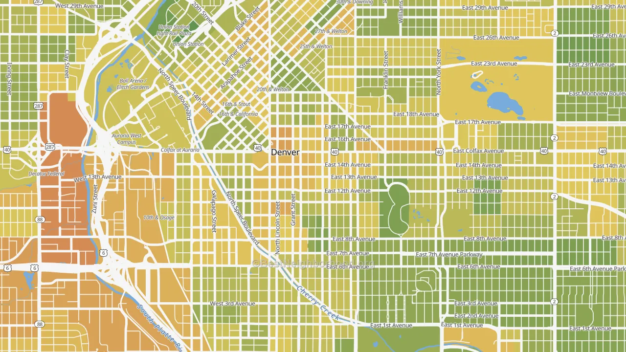 Map of the best neighborhoods in the Capitol Hill, Denver area, with better matches in green and worse matches in red