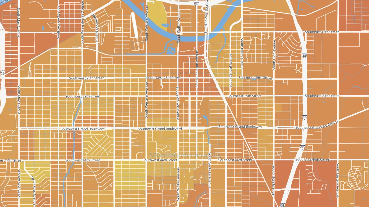Map of the best neighborhoods in the Capitol Hill, Oklahoma City area, with better matches in green and worse matches in red