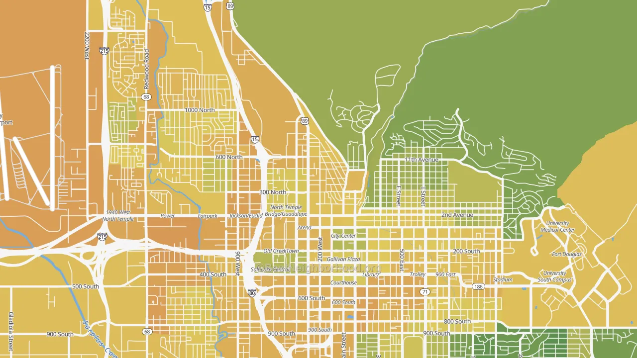 Map of the best neighborhoods in the Capitol Hill, Salt Lake City area, with better matches in green and worse matches in red