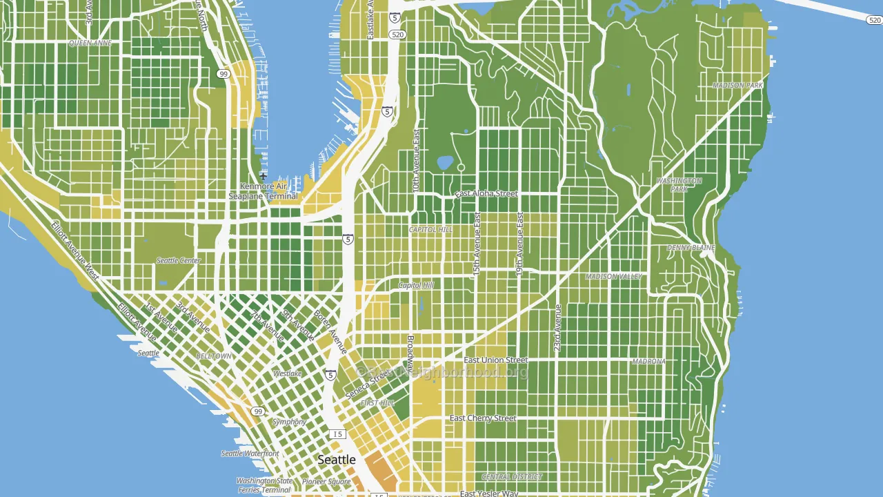 Map of the best neighborhoods in the Capitol Hill, Seattle area, with better matches in green and worse matches in red