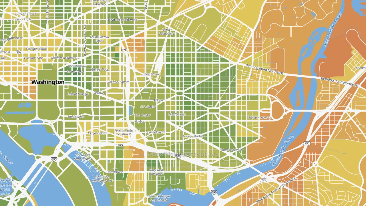 Map of the best neighborhoods in the Capitol Hill, Washington area, with better matches in green and worse matches in red