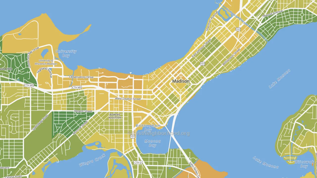 Map of the best neighborhoods in the Capitol, Madison area, with better matches in green and worse matches in red
