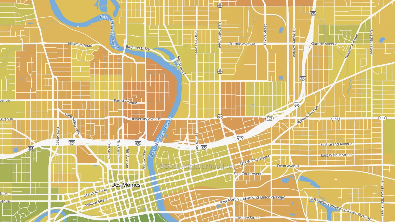 Map of the best neighborhoods in the Capitol Park, Des Moines area, with better matches in green and worse matches in red