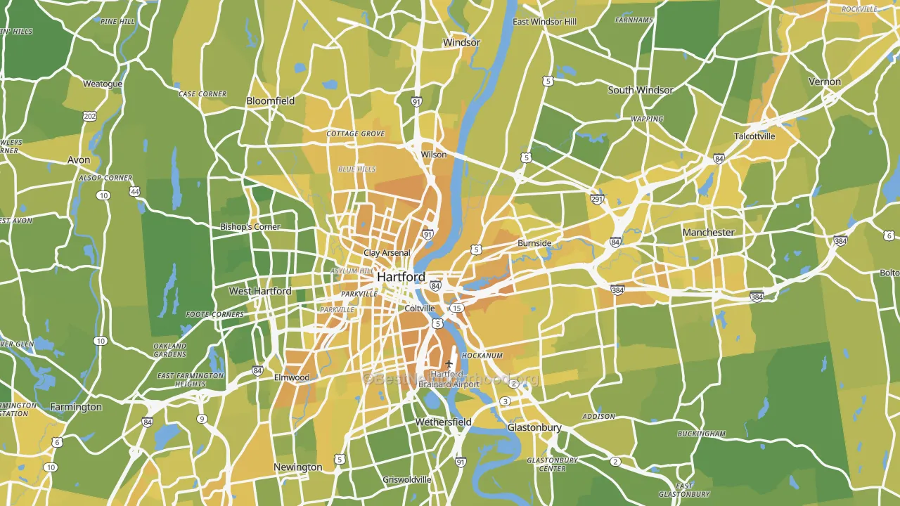Map of the best neighborhoods in the Capitol Planning Region area, with better matches in green and worse matches in red