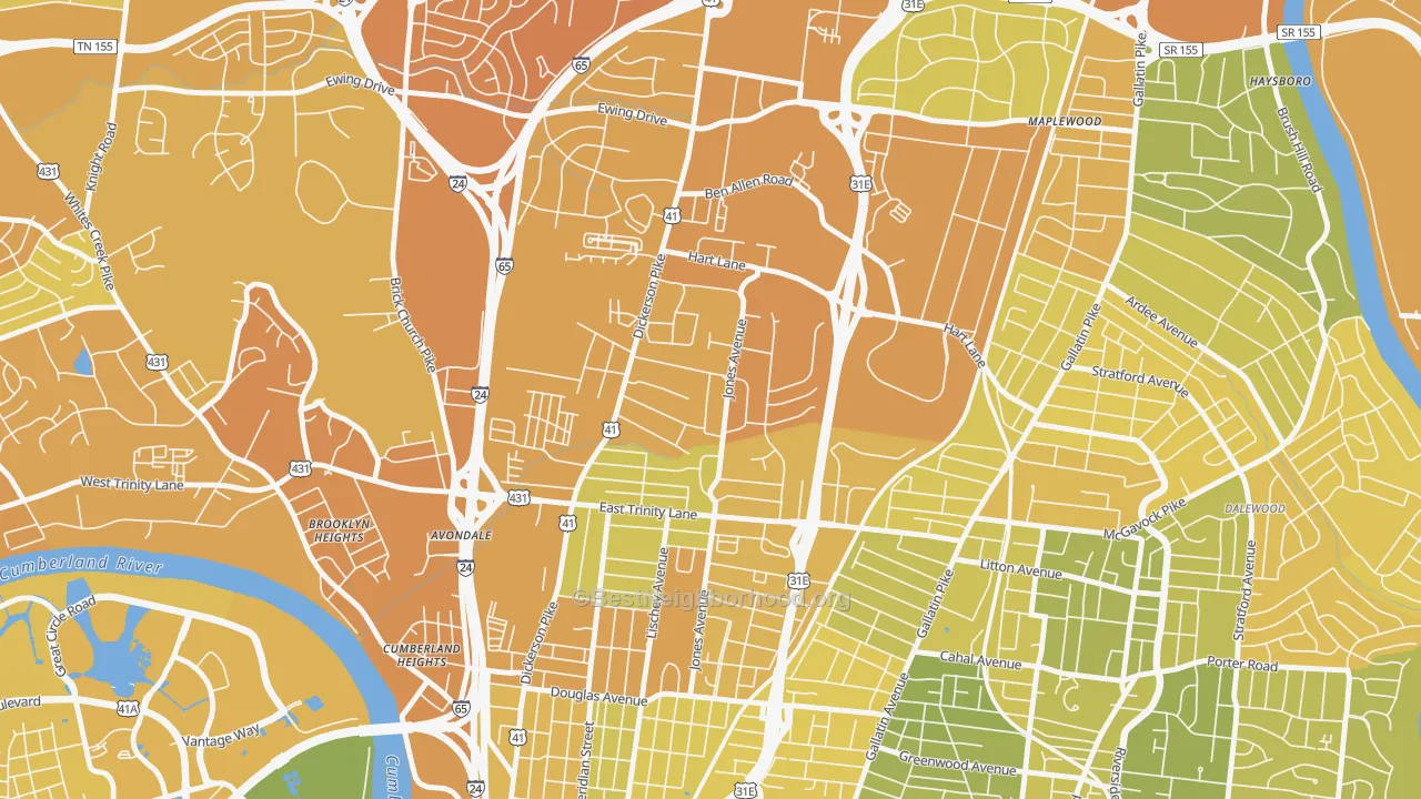 Map of the best neighborhoods in the Capitol View, Nashville area, with better matches in green and worse matches in red