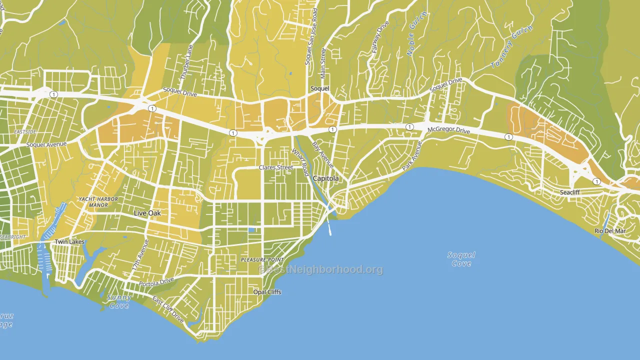 Map of the best neighborhoods in the Capitola area, with better matches in green and worse matches in red
