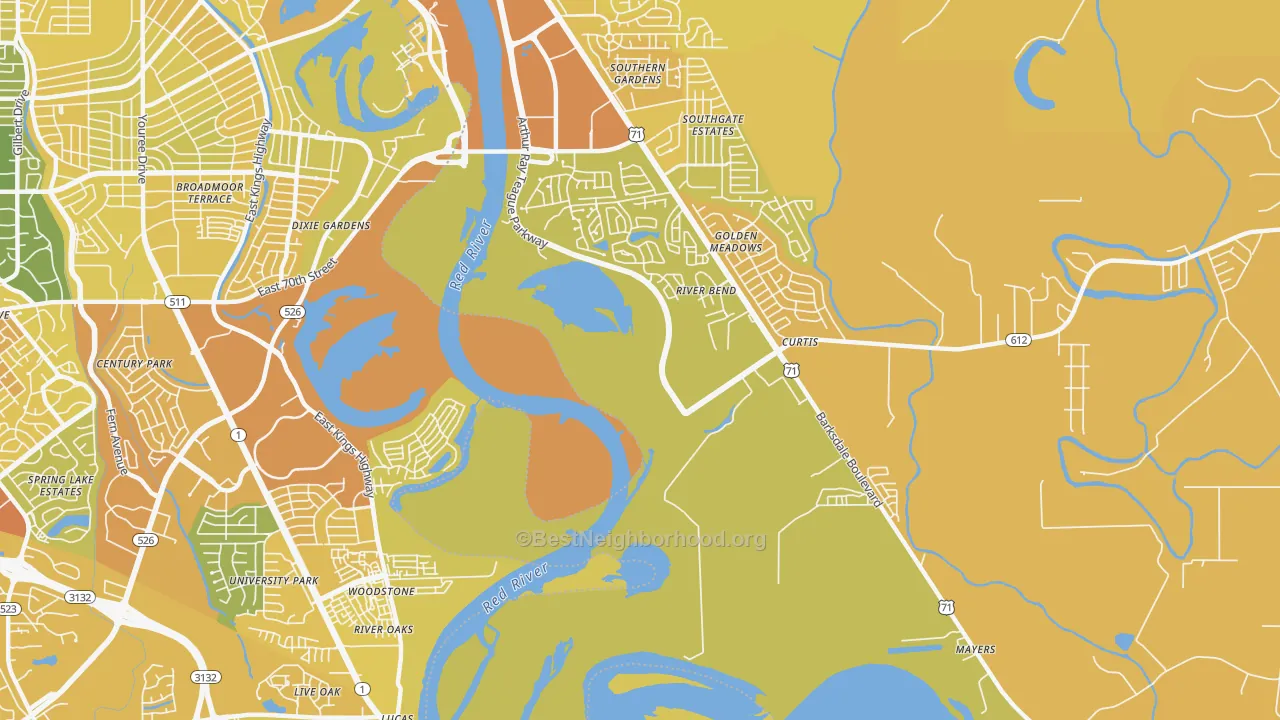 Map of the best neighborhoods in the Caplis area, with better matches in green and worse matches in red