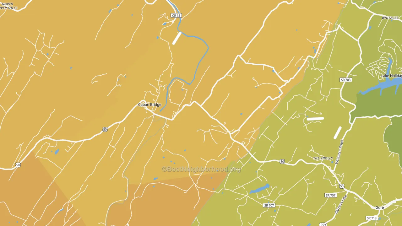 Map of the best neighborhoods in the Capon Bridge area, with better matches in green and worse matches in red