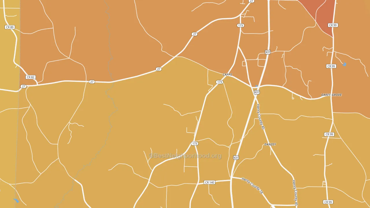 Map of the best neighborhoods in the Capps area, with better matches in green and worse matches in red