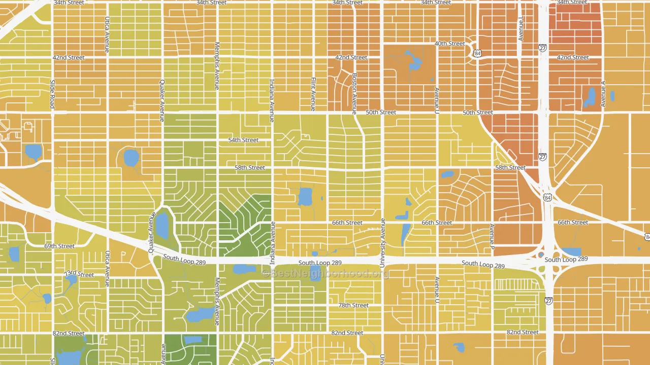 Map of the best neighborhoods in the Caprock, Lubbock area, with better matches in green and worse matches in red