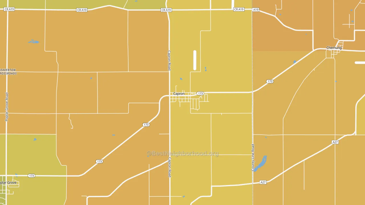 Map of the best neighborhoods in the Capron area, with better matches in green and worse matches in red