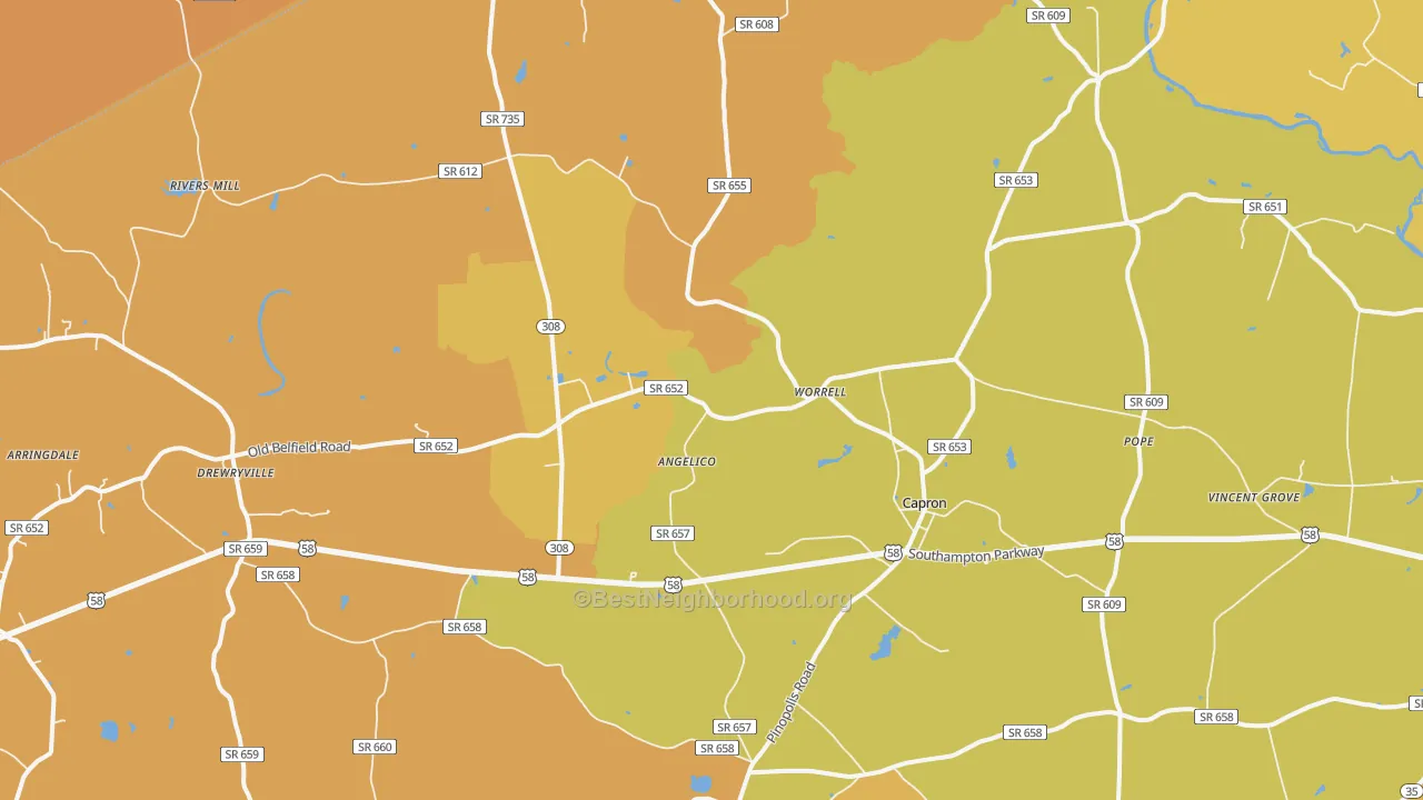Map of the best neighborhoods in the Capron area, with better matches in green and worse matches in red