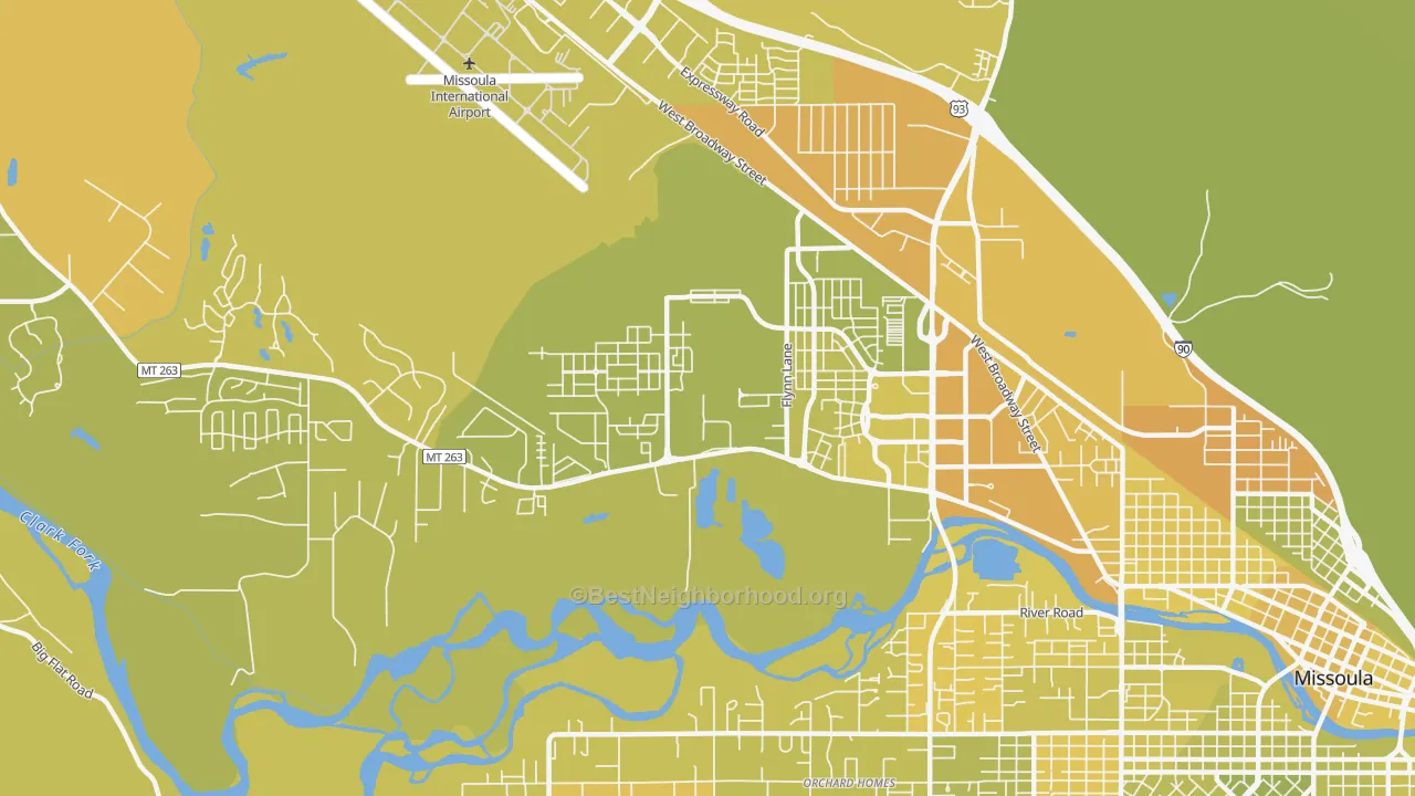 Map of the best neighborhoods in the Captain John Mullan, Missoula area, with better matches in green and worse matches in red