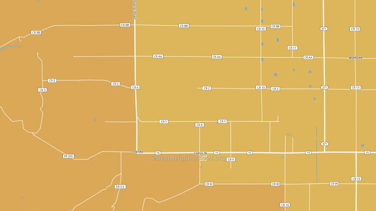 Map of the best neighborhoods in the Capulin area, with better matches in green and worse matches in red