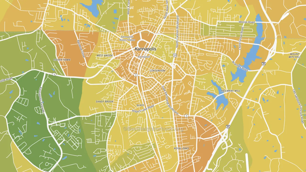 Map of the best neighborhoods in the Car Town, Kannapolis area, with better matches in green and worse matches in red