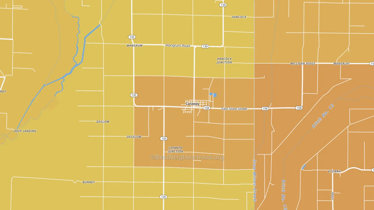 Map of the best neighborhoods in the Caraway area, with better matches in green and worse matches in red