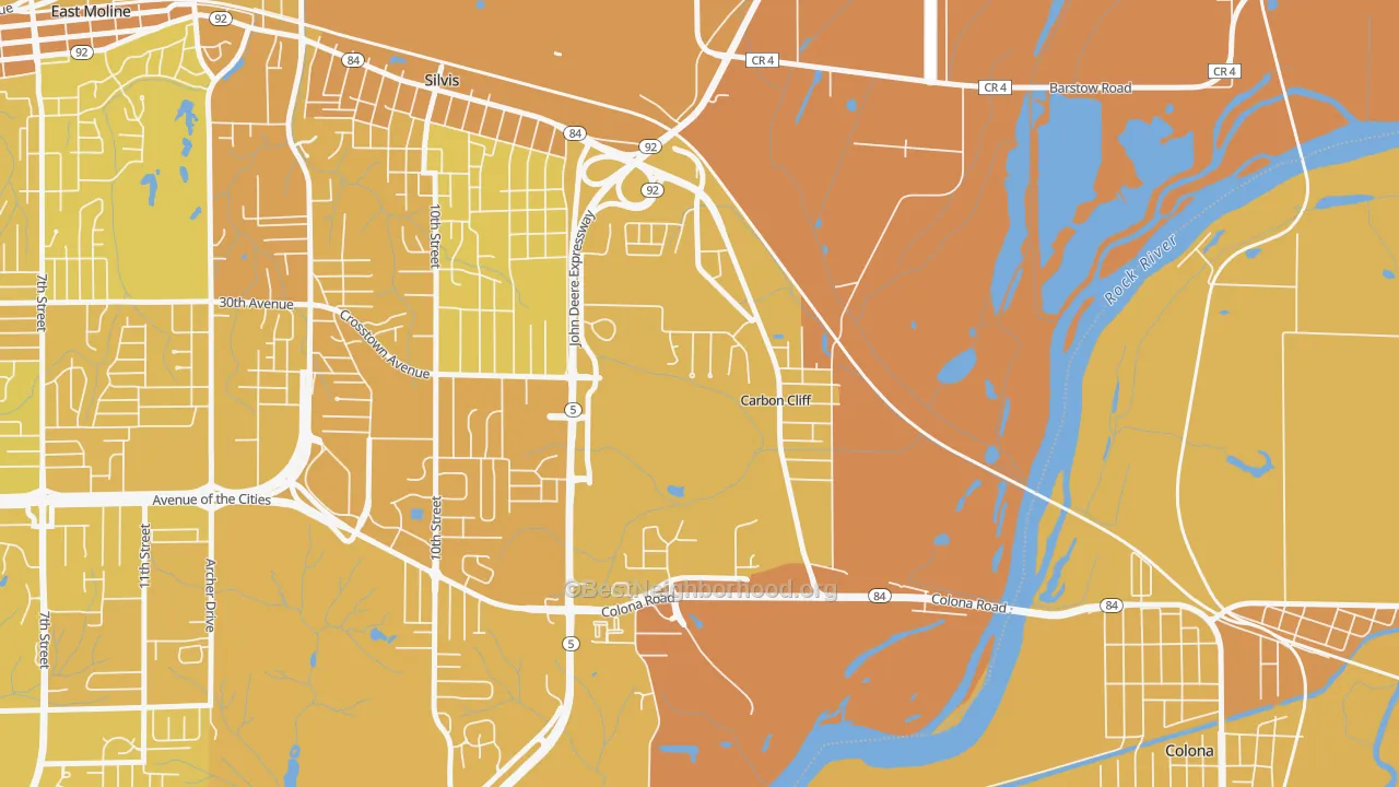 Map of the best neighborhoods in the Carbon Cliff area, with better matches in green and worse matches in red