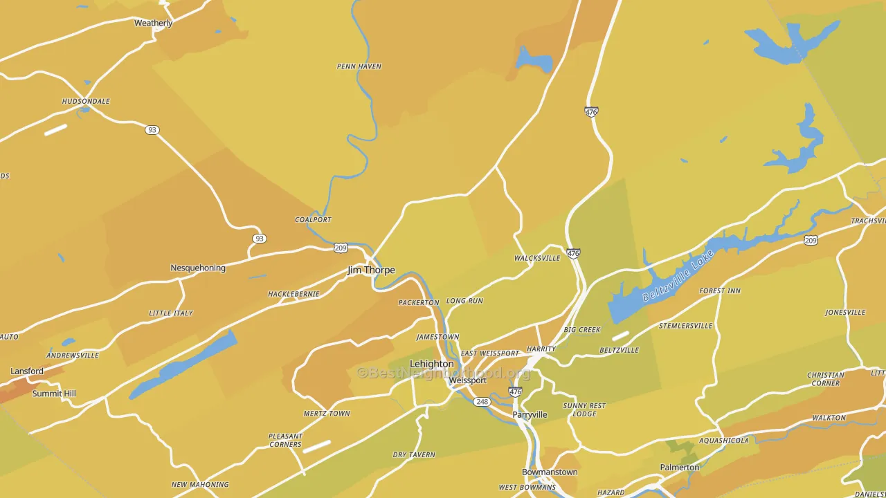 Map of the best neighborhoods in the Carbon County area, with better matches in green and worse matches in red