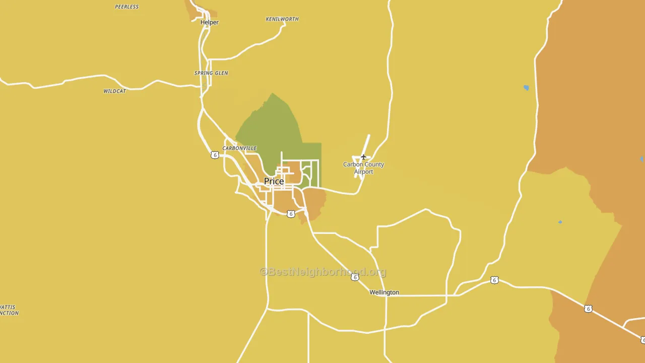 Map of the best neighborhoods in the Carbon County area, with better matches in green and worse matches in red
