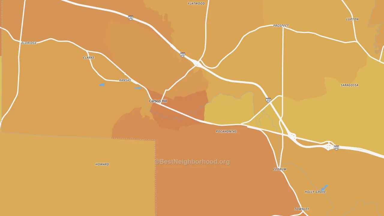 Map of the best neighborhoods in the Carbon Hill area, with better matches in green and worse matches in red