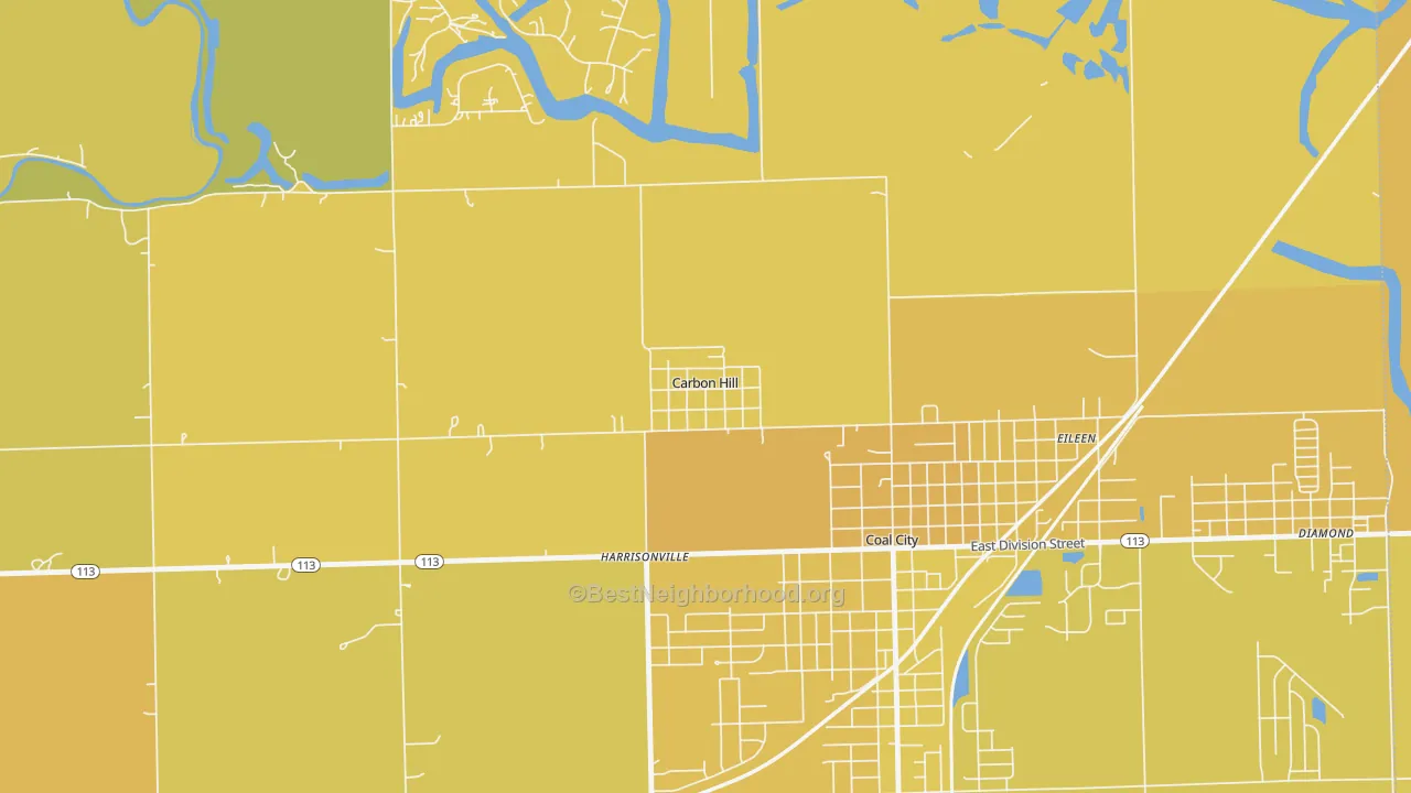 Map of the best neighborhoods in the Carbon Hill area, with better matches in green and worse matches in red