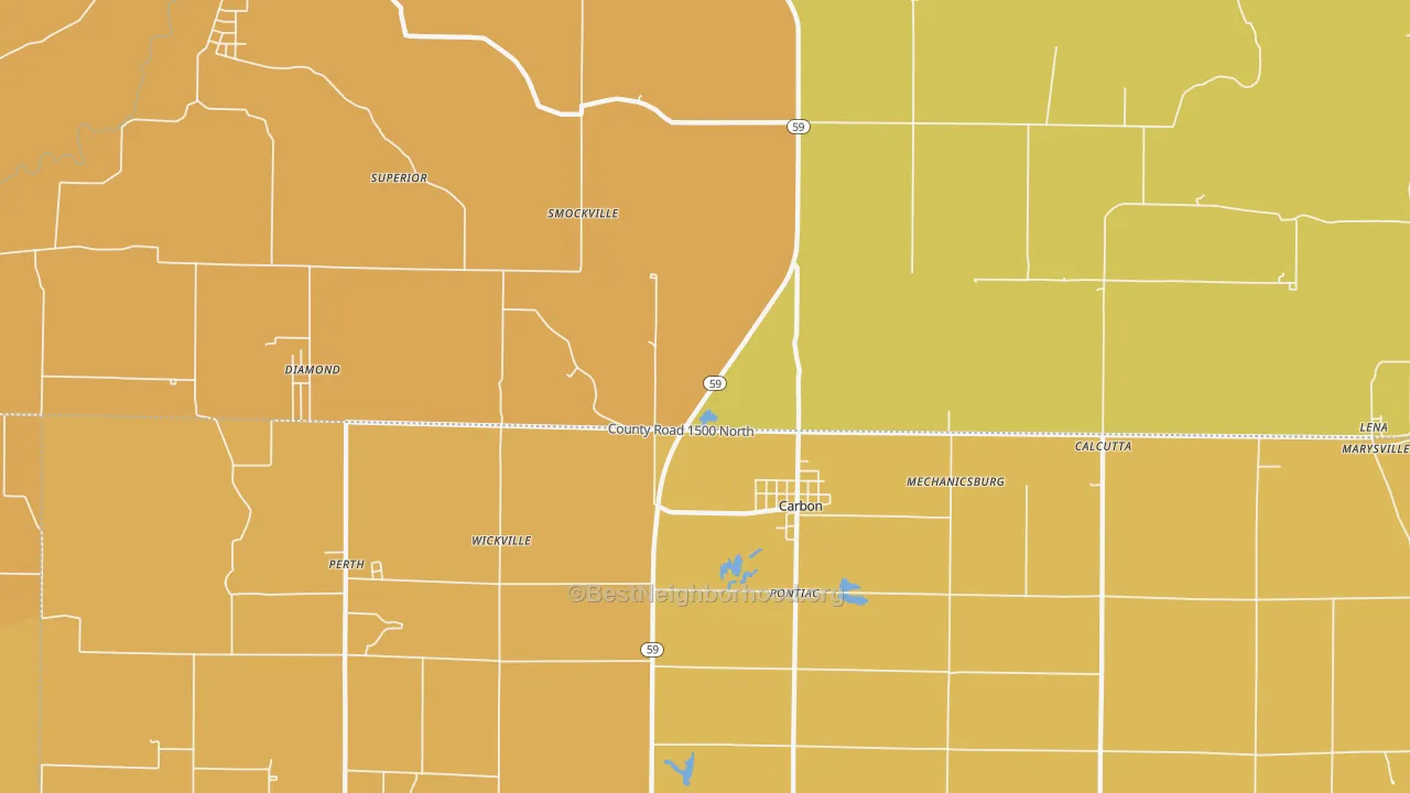 Map of the best neighborhoods in the Carbon area, with better matches in green and worse matches in red