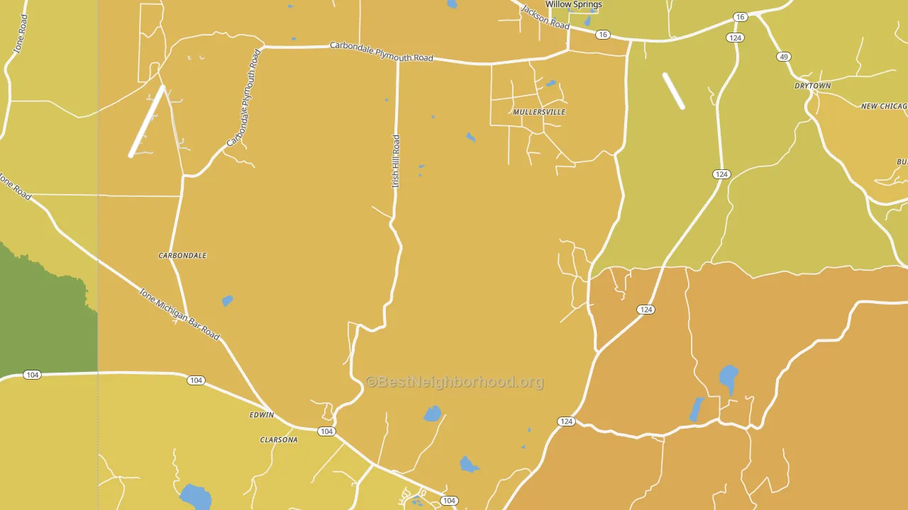 Map of the best neighborhoods in the Carbondale area, with better matches in green and worse matches in red
