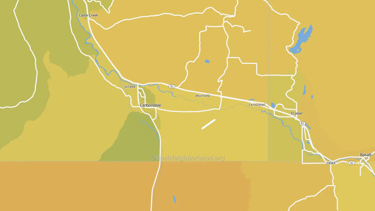 Map of the best neighborhoods in the Carbondale area, with better matches in green and worse matches in red