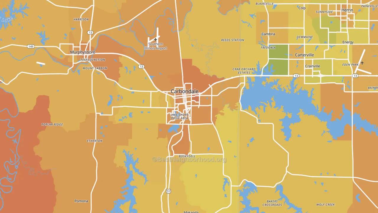 Map of the best neighborhoods in the Carbondale area, with better matches in green and worse matches in red