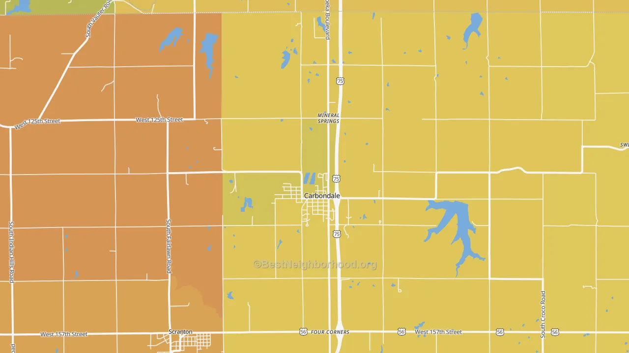 Map of the best neighborhoods in the Carbondale area, with better matches in green and worse matches in red