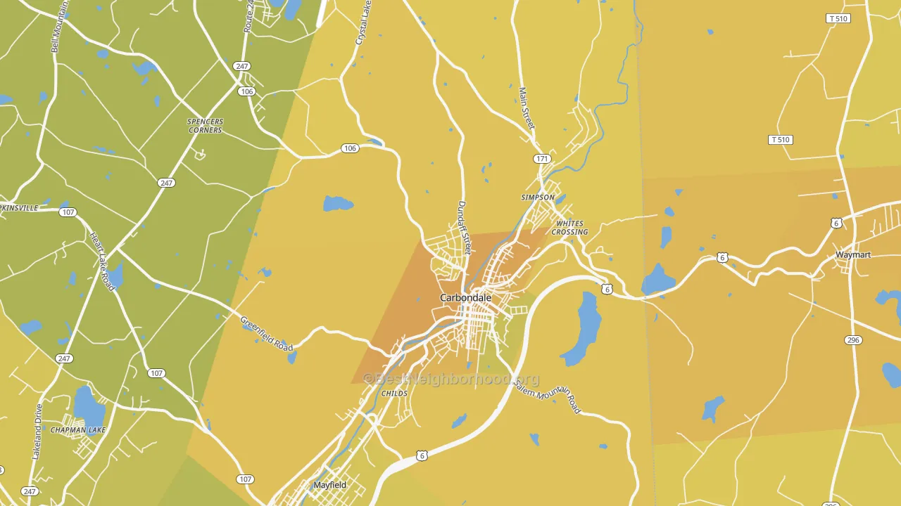 Map of the best neighborhoods in the Carbondale area, with better matches in green and worse matches in red