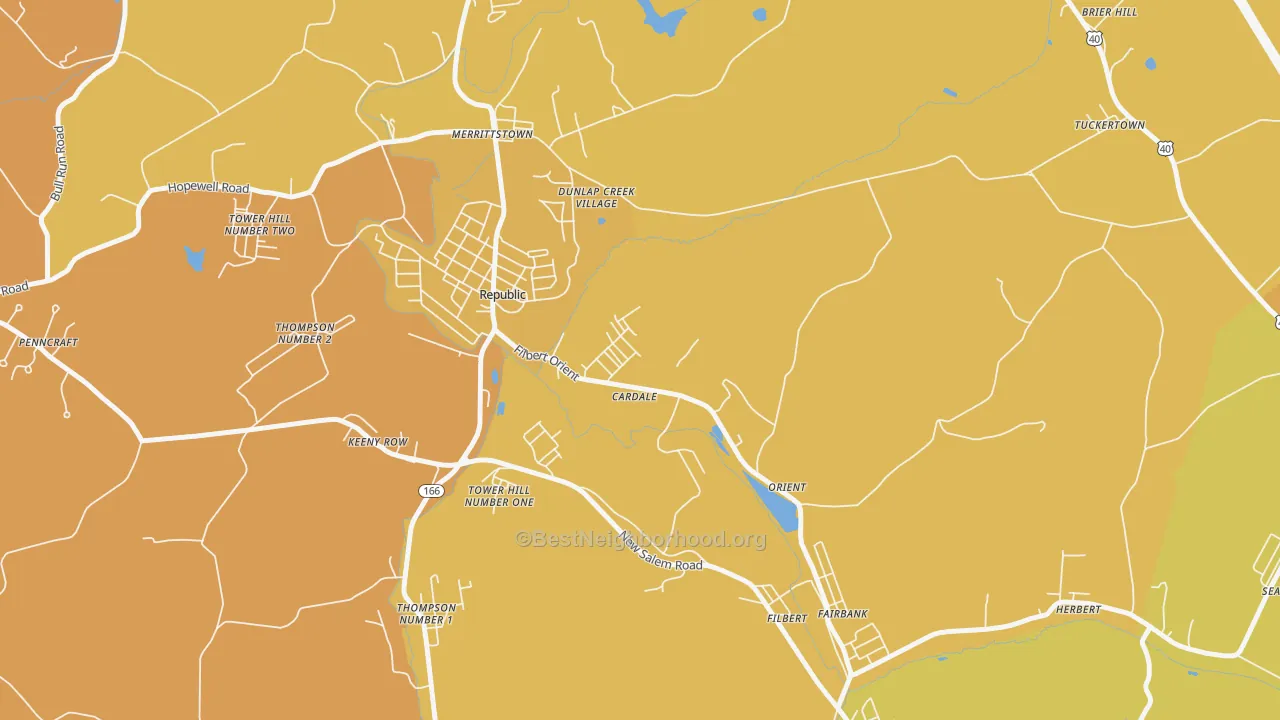 Map of the best neighborhoods in the Cardale area, with better matches in green and worse matches in red