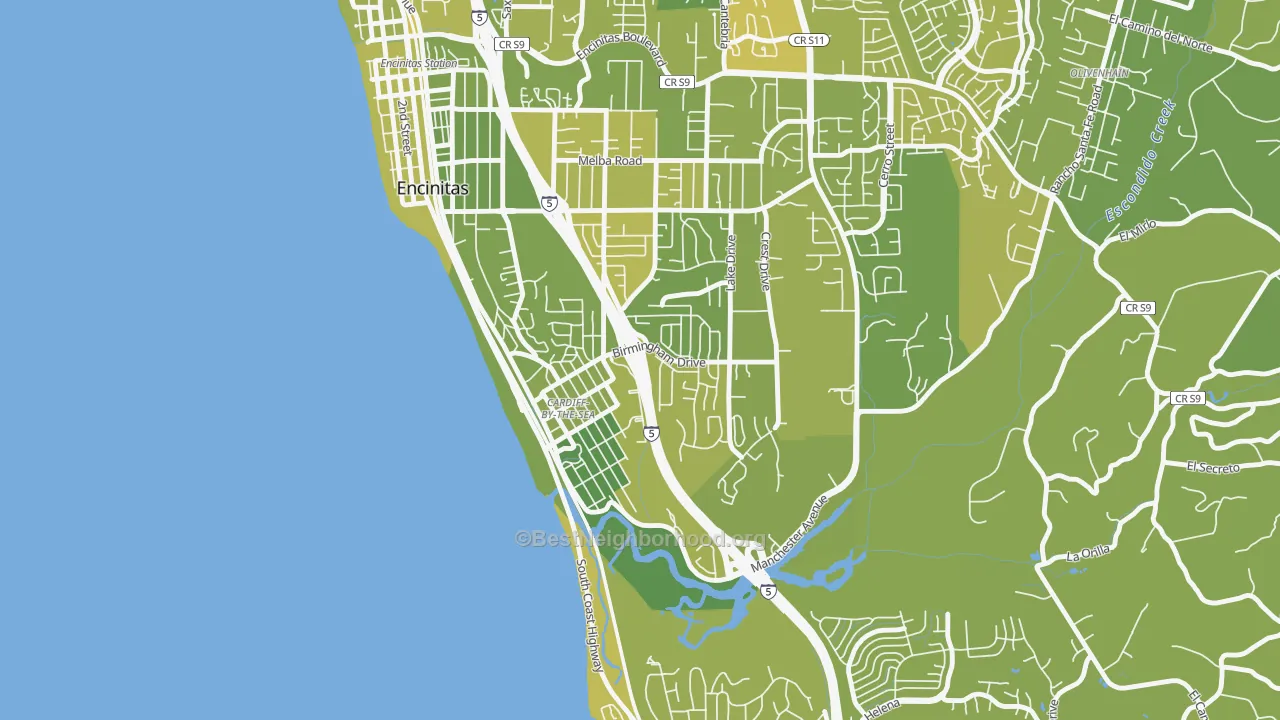 Map of the best neighborhoods in the Cardiff By The Sea area, with better matches in green and worse matches in red
