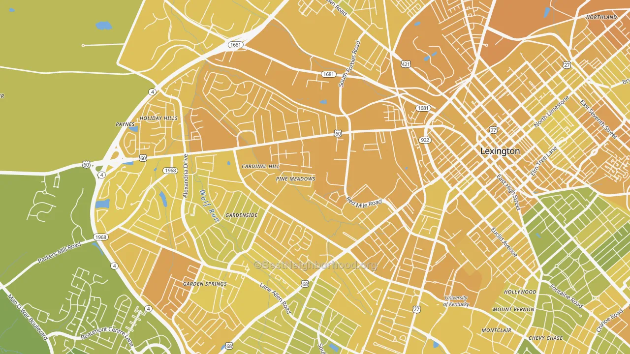 Map of the best neighborhoods in the Cardinal Hill-Pine Meadow, Lexington area, with better matches in green and worse matches in red