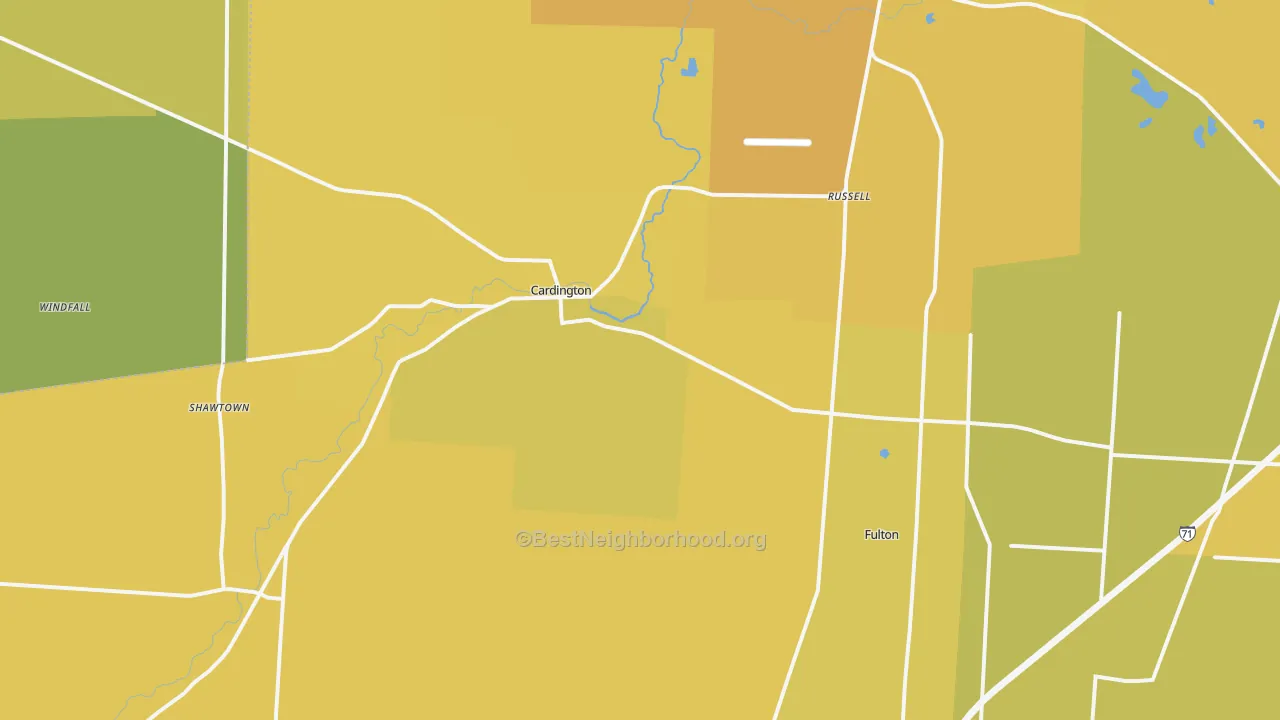 Map of the best neighborhoods in the Cardington area, with better matches in green and worse matches in red