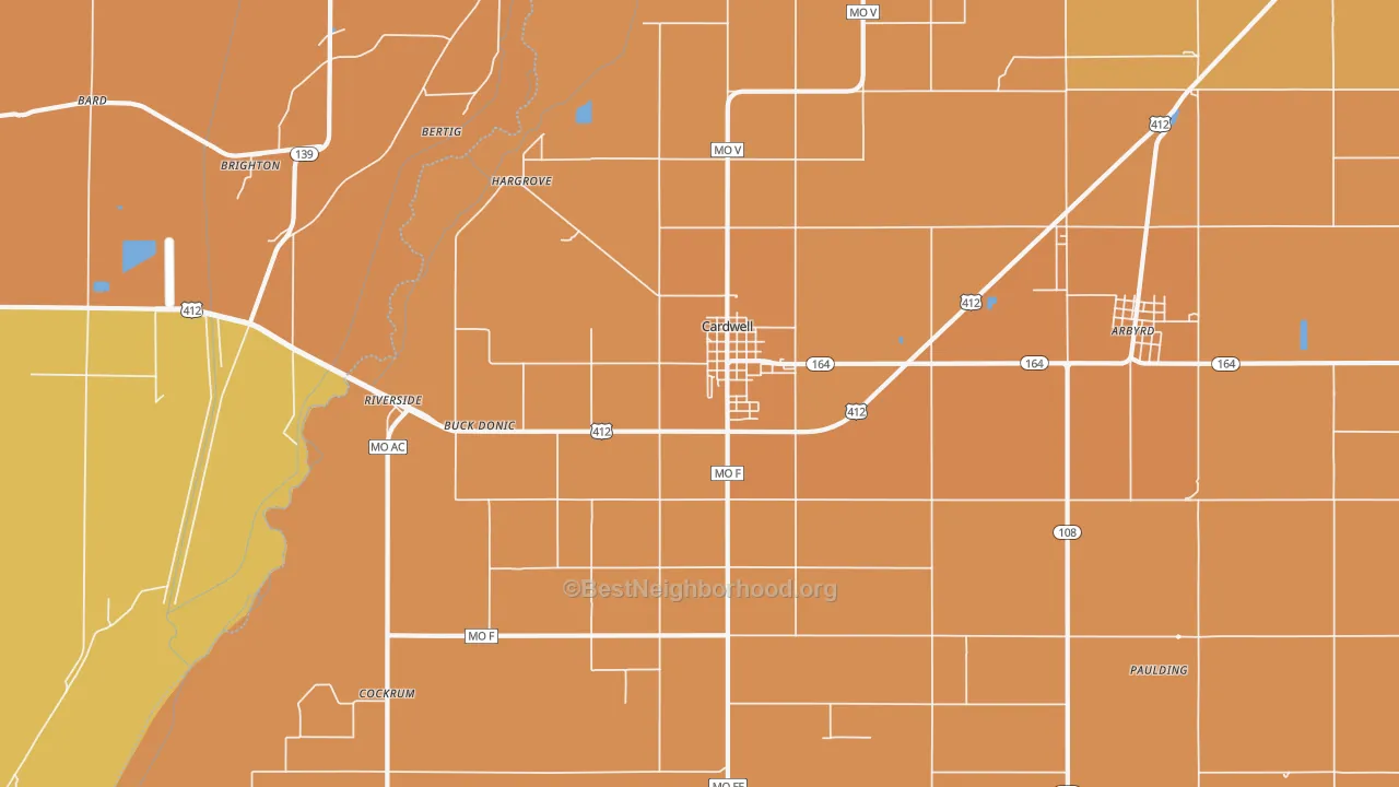 Map of the best neighborhoods in the Cardwell area, with better matches in green and worse matches in red