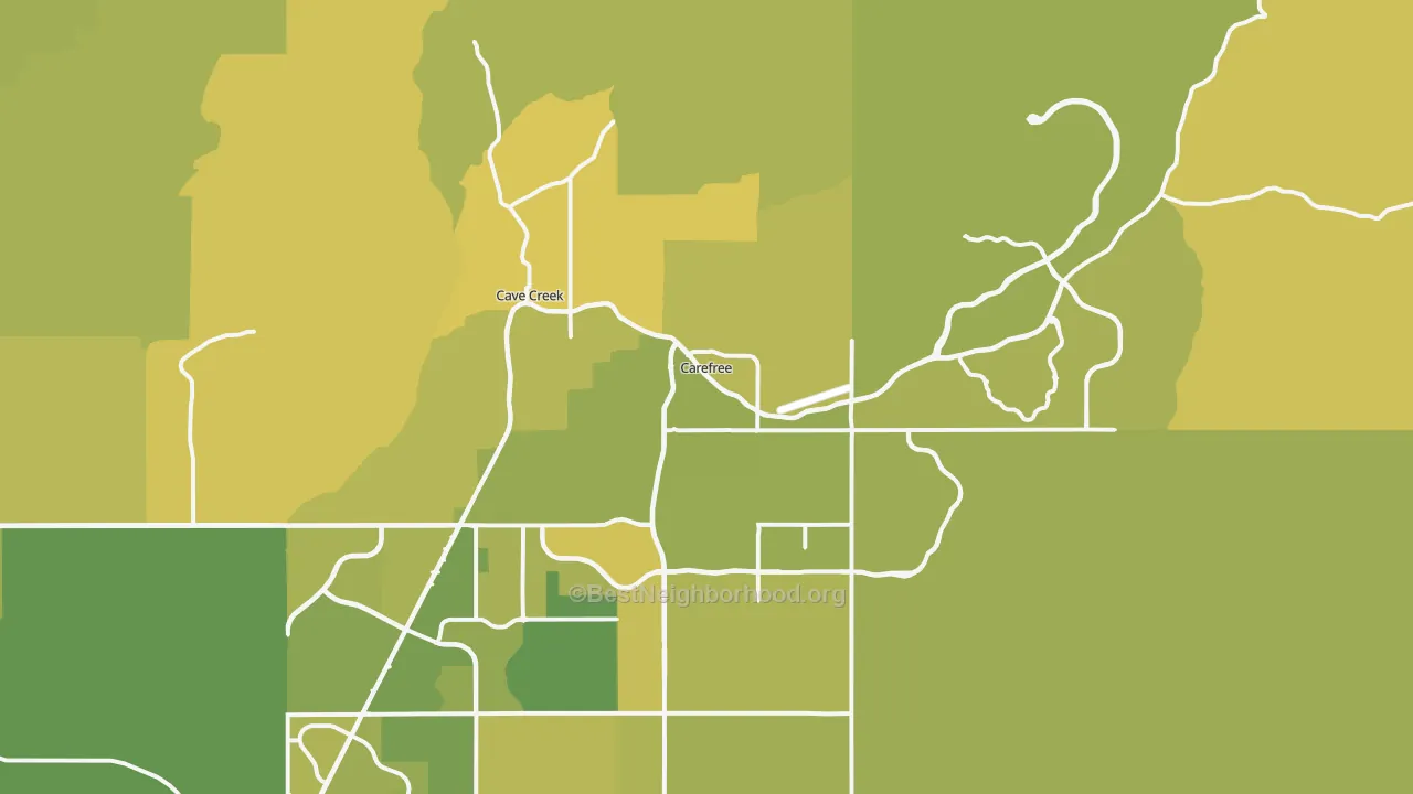 Map of the best neighborhoods in the Carefree area, with better matches in green and worse matches in red