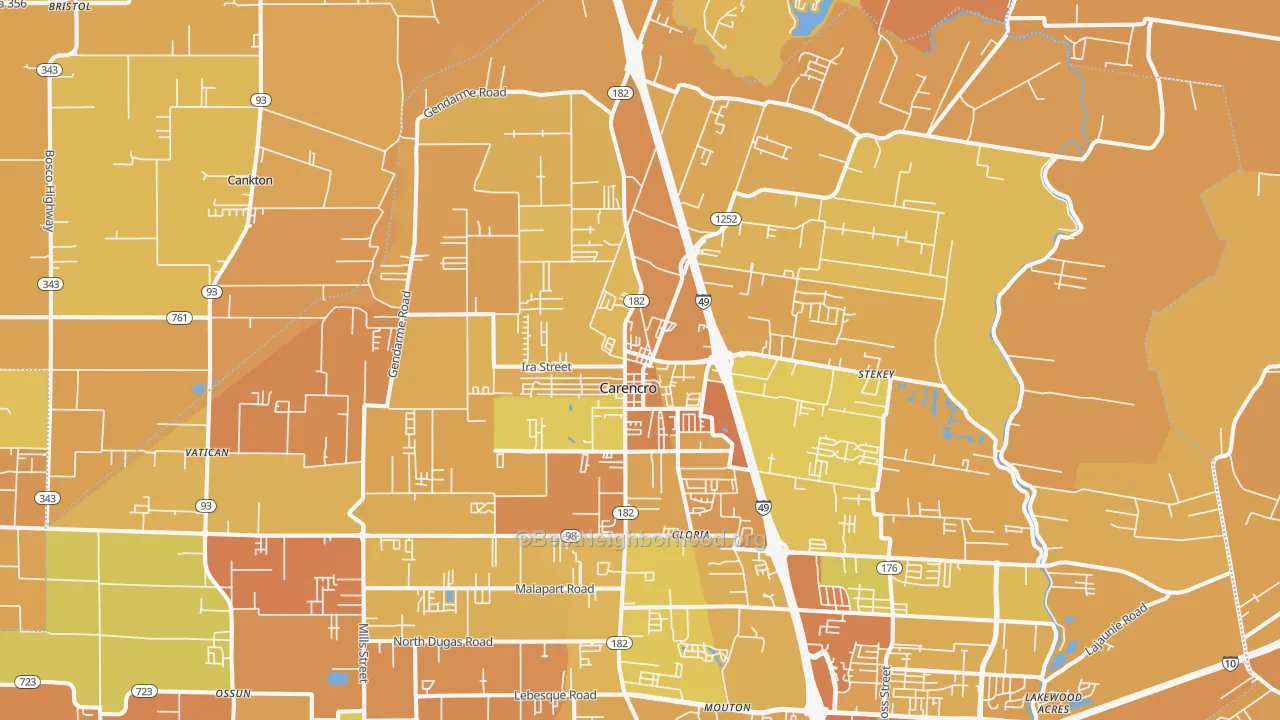 Map of the best neighborhoods in the Carencro area, with better matches in green and worse matches in red
