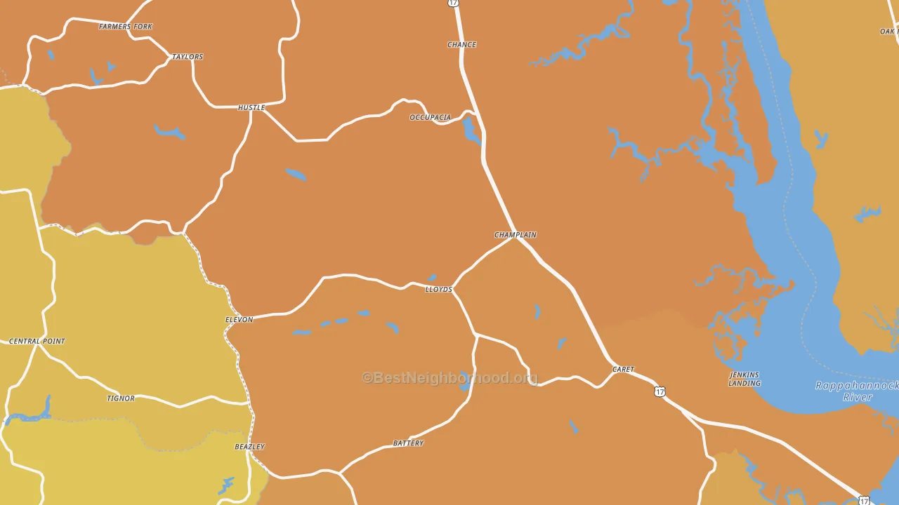 Map of the best neighborhoods in the Caret area, with better matches in green and worse matches in red