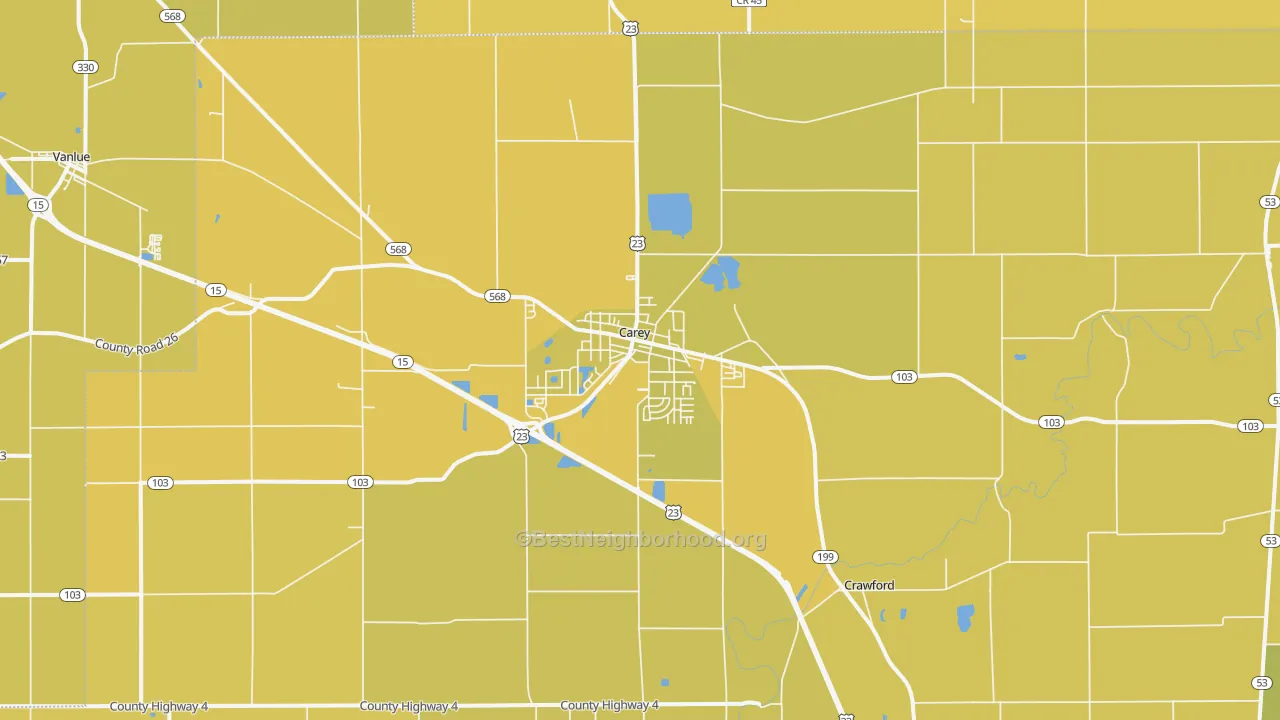 Map of the best neighborhoods in the Carey area, with better matches in green and worse matches in red
