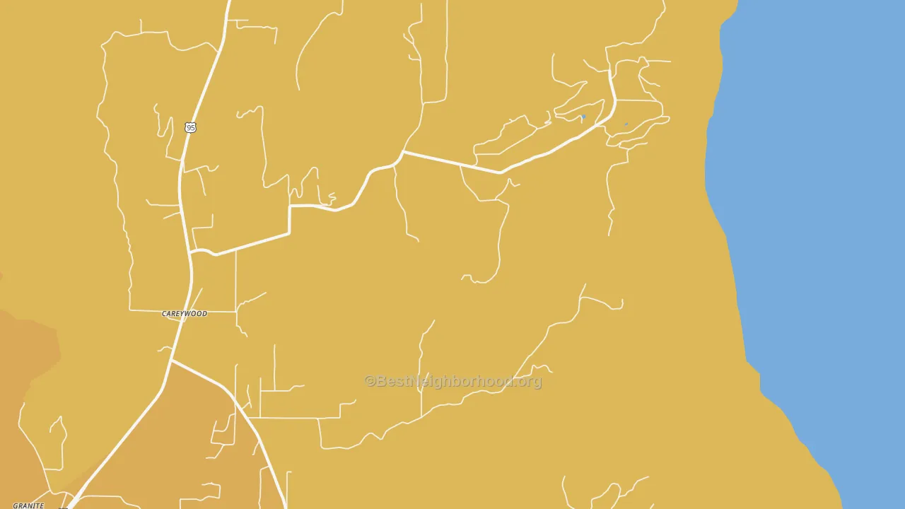 Map of the best neighborhoods in the Careywood area, with better matches in green and worse matches in red