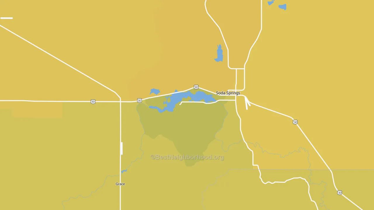 Map of the best neighborhoods in the Caribou County area, with better matches in green and worse matches in red