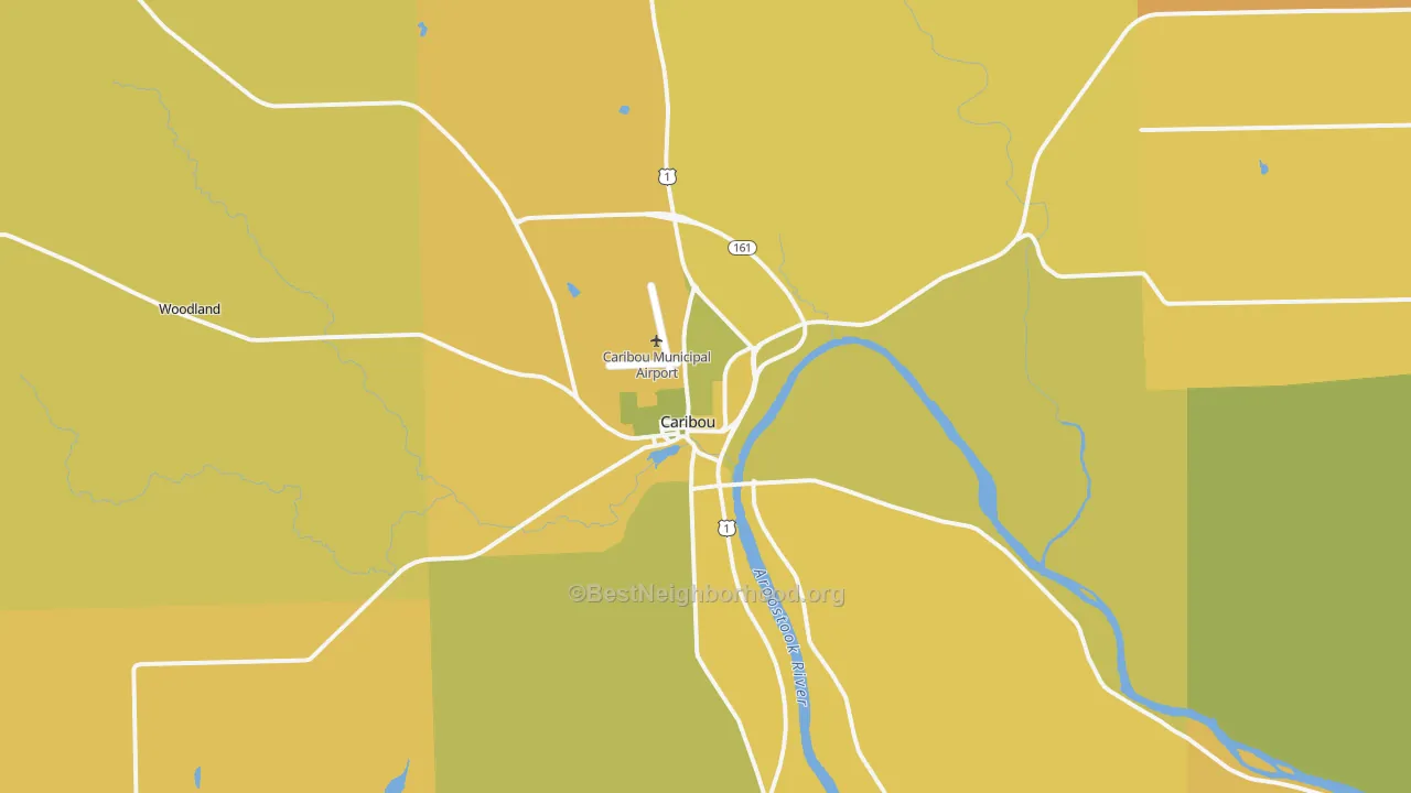 Map of the best neighborhoods in the Caribou area, with better matches in green and worse matches in red