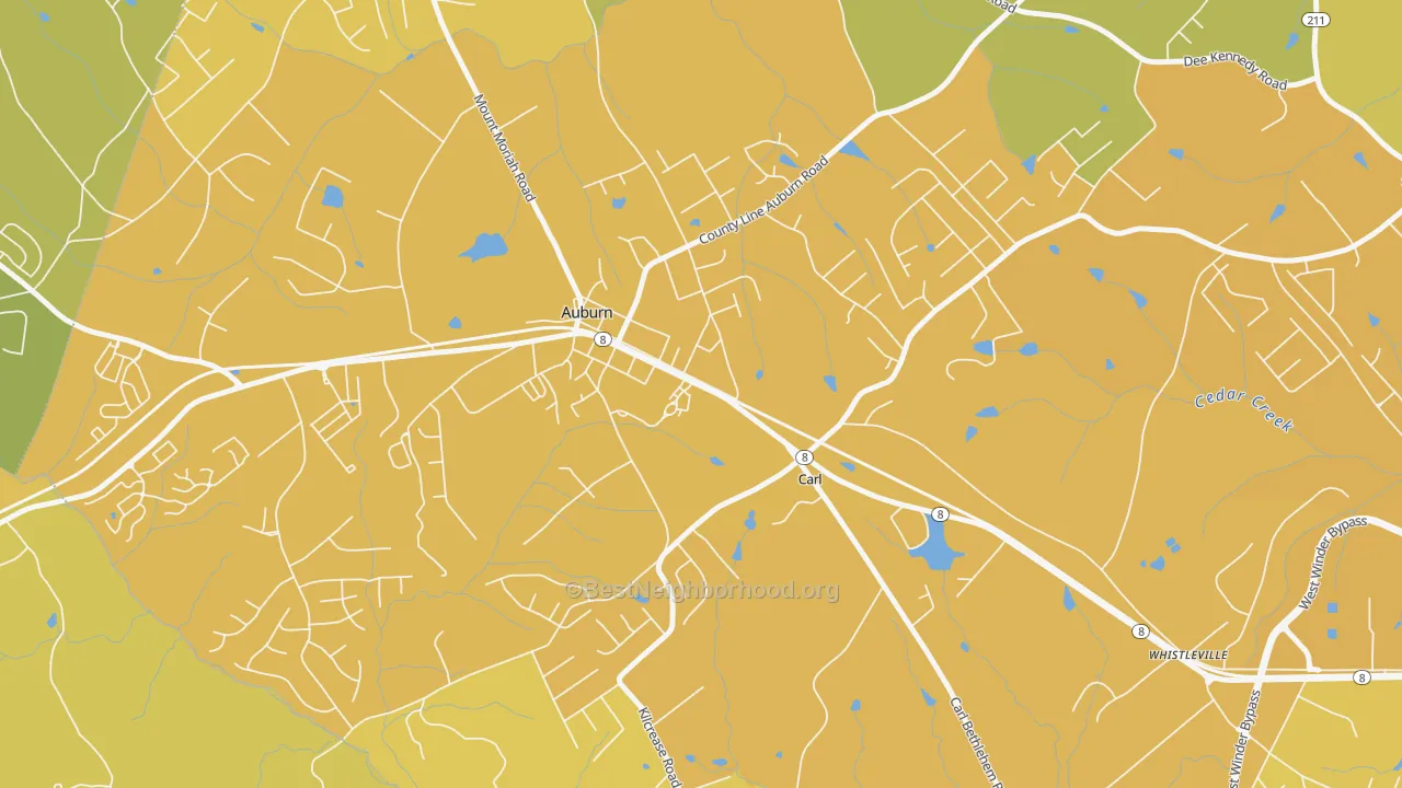 Map of the best neighborhoods in the Carl area, with better matches in green and worse matches in red