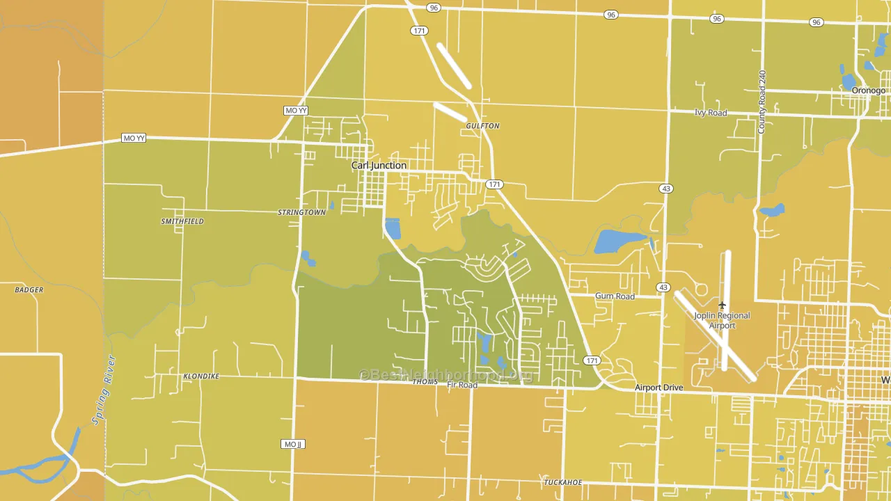 Map of the best neighborhoods in the Carl Junction area, with better matches in green and worse matches in red