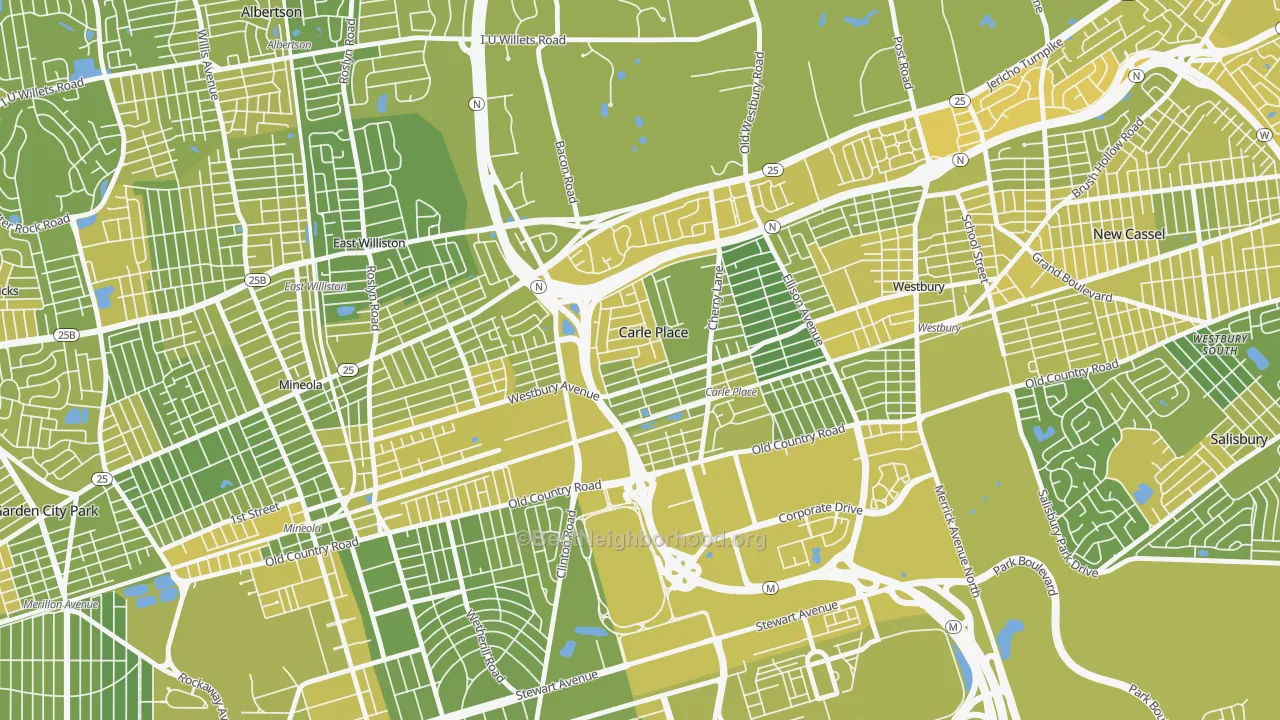 Map of the best neighborhoods in the Carle Place area, with better matches in green and worse matches in red