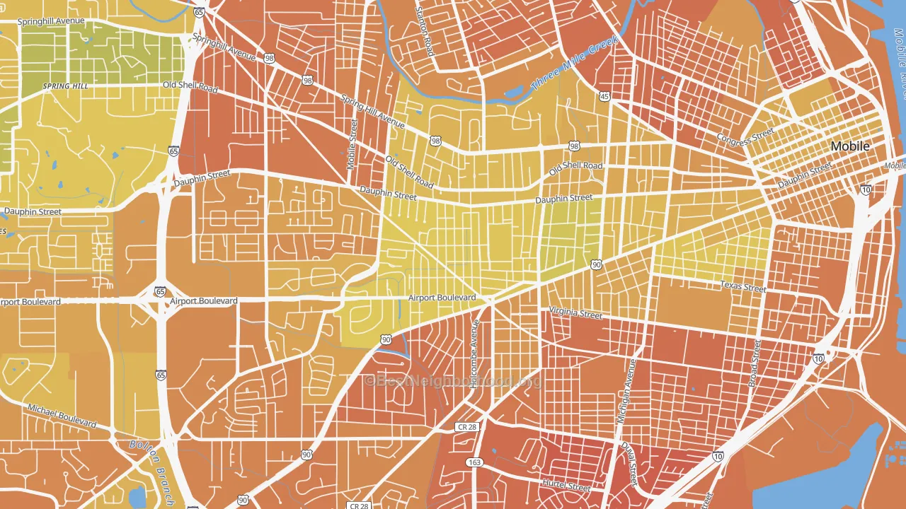 Map of the best neighborhoods in the Carlen, Mobile area, with better matches in green and worse matches in red