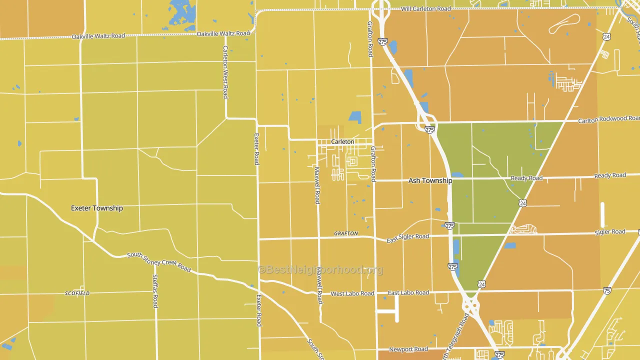 Map of the best neighborhoods in the Carleton area, with better matches in green and worse matches in red