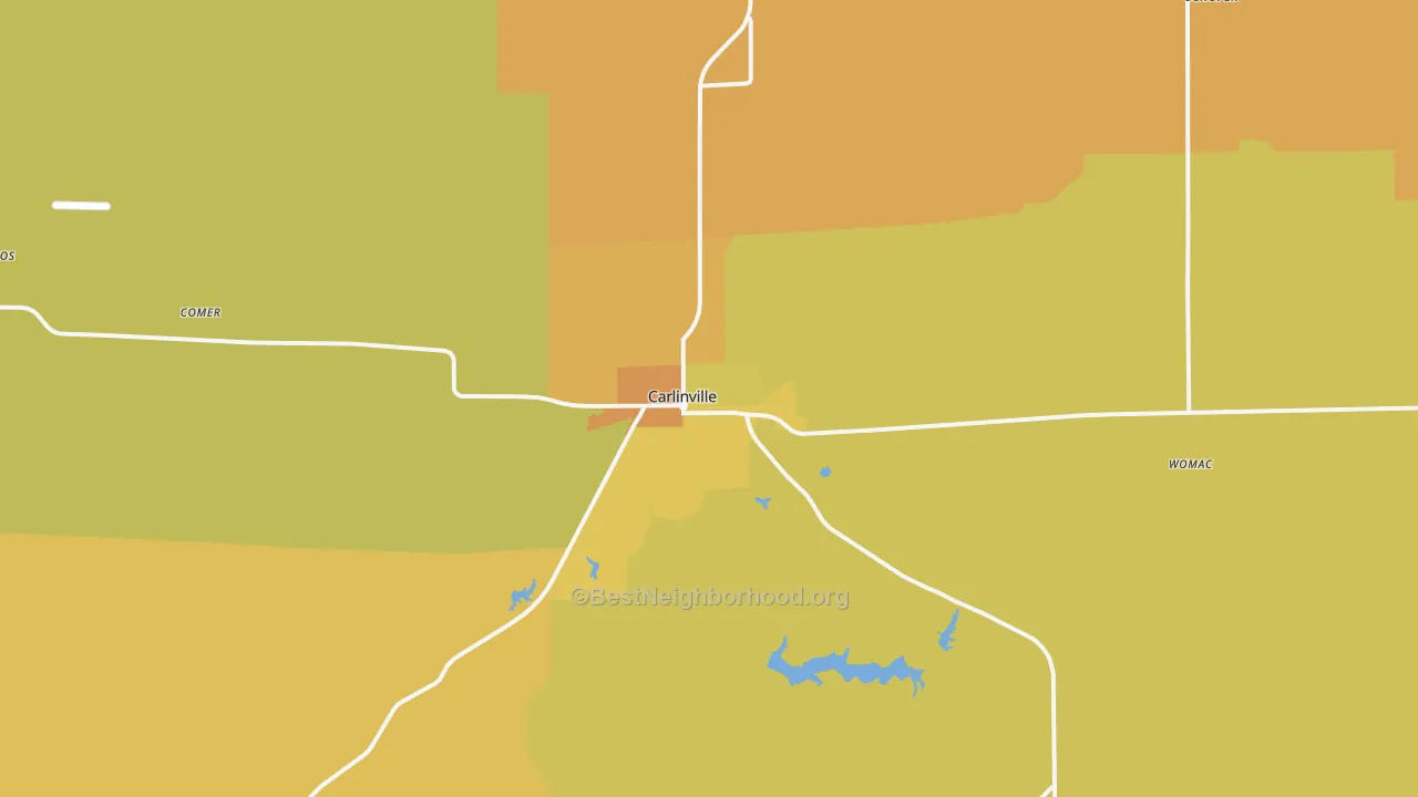 Map of the best neighborhoods in the Carlinville area, with better matches in green and worse matches in red